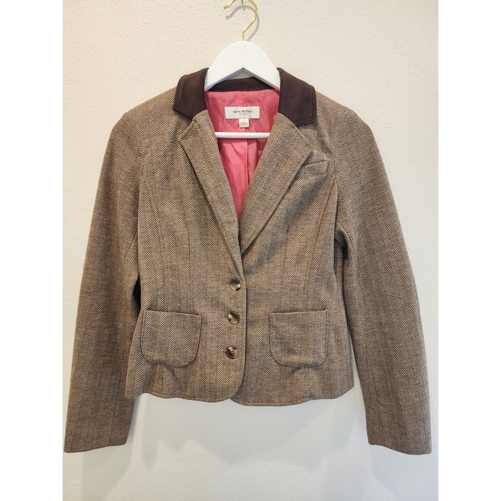 Isaac Mizrahi Brown Herringbone Blazer‎ Elbow Patches Academia Womens Size 2